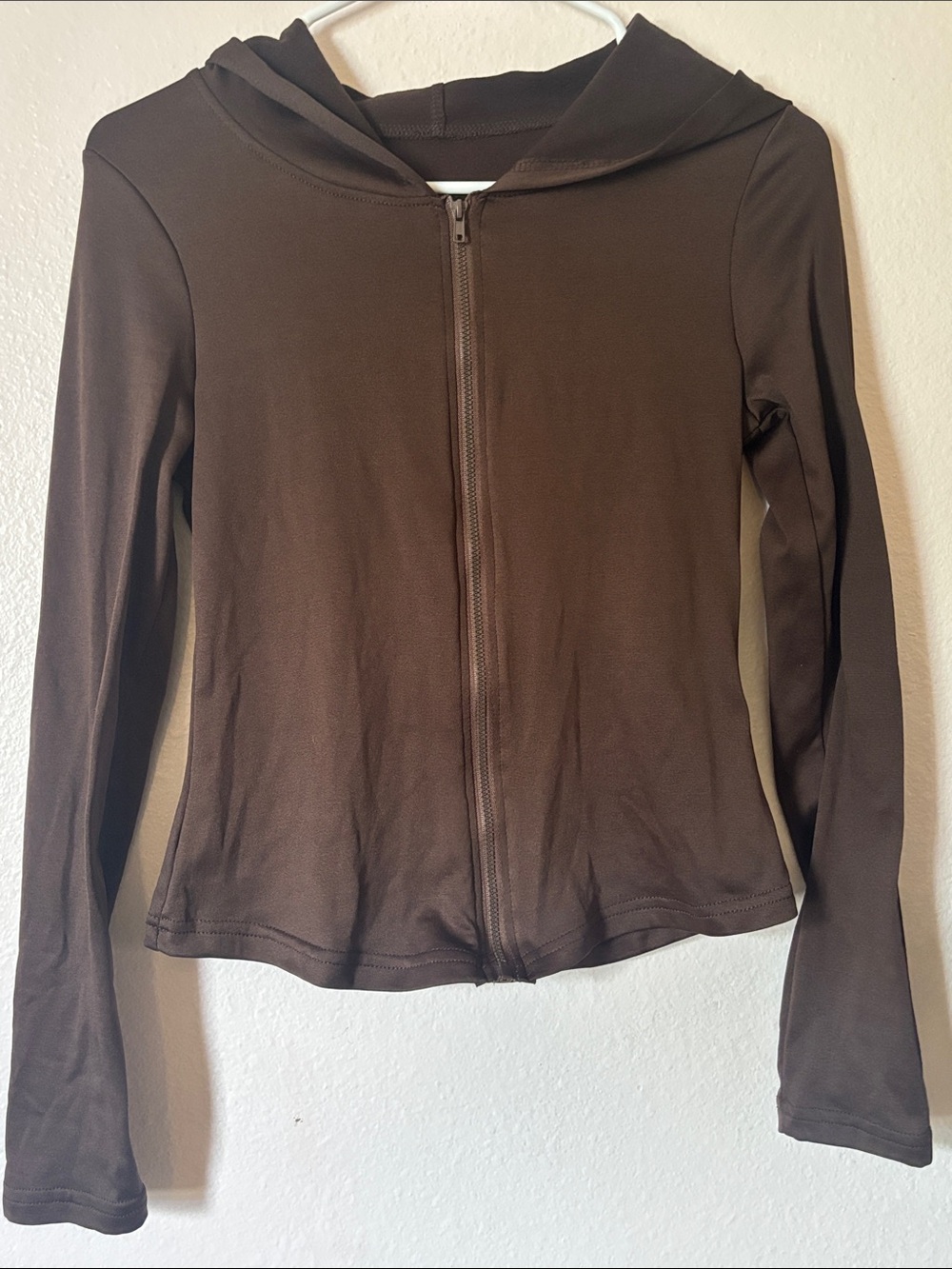 Woman’s Brown Zip-Front Hooded Long-Sleeve Top, Size M